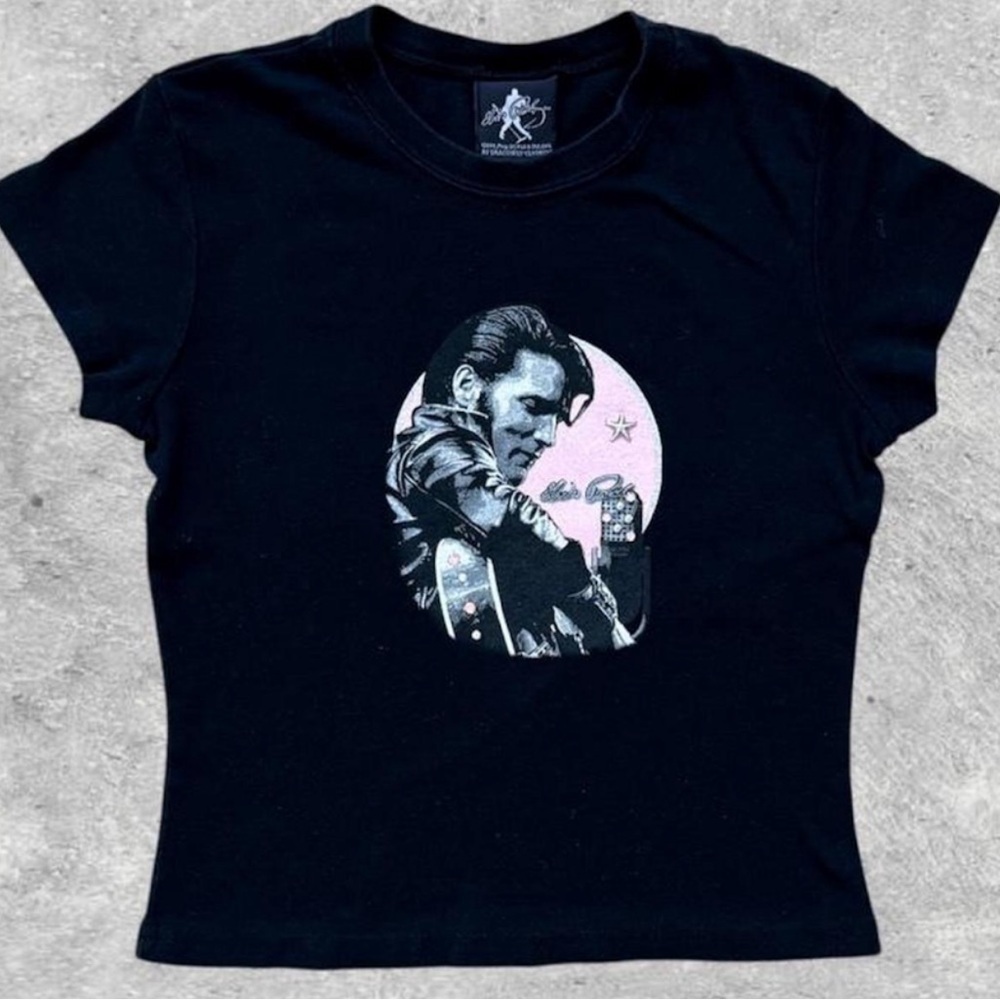 Vtg 90s Dragonfly Elvis Presley Rhinestone Baby Tee XS/S Bling Y2K Style Cropped